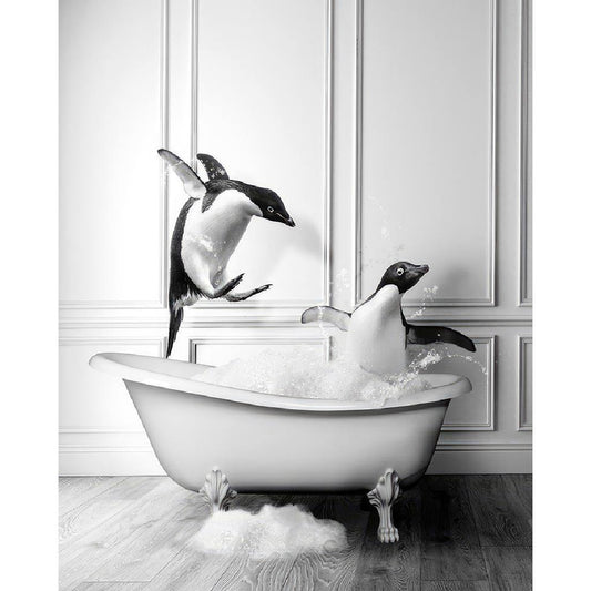 Framed Bath Time Penguins 30cm x 30cm