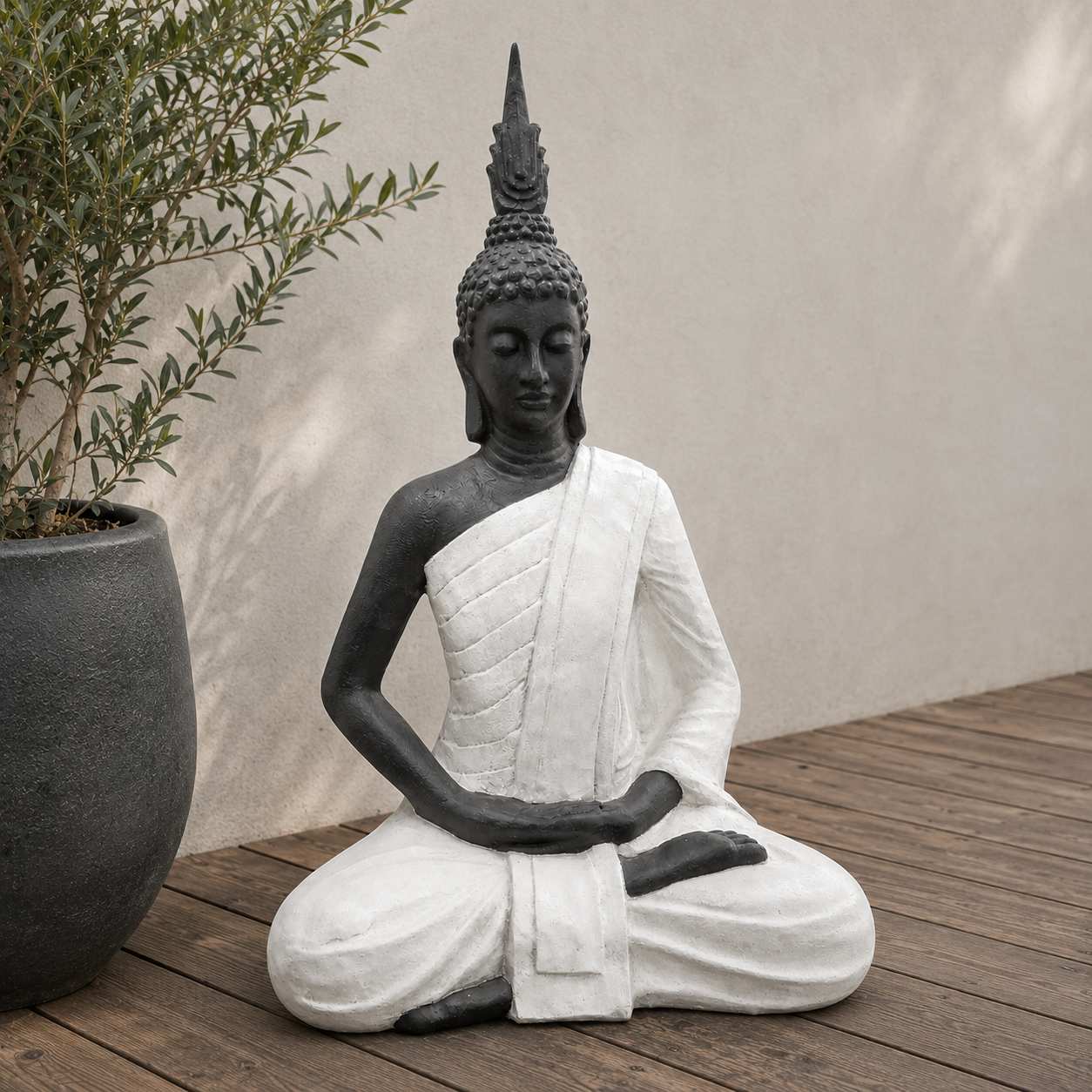 Statue - Large Black & White Meditating Buddha Statue