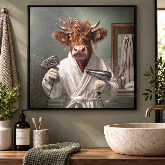 Framed Art - Highland Cow Hairdryer 40x40