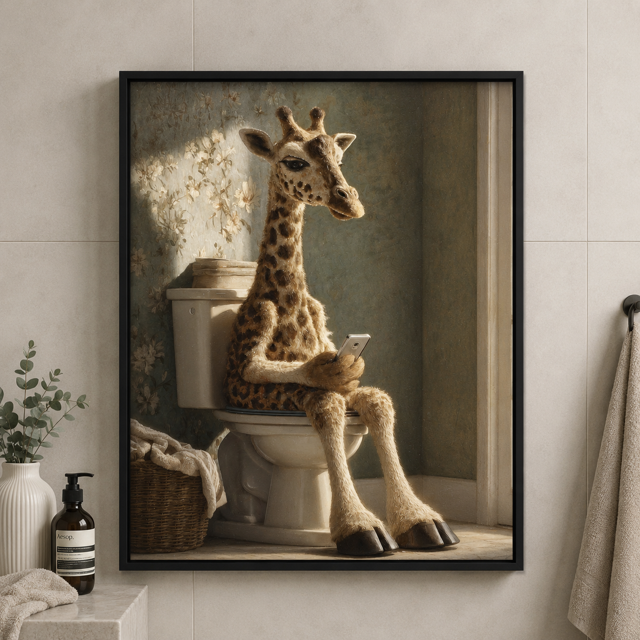 Framed Art - Giraffe On Toilet 30x40