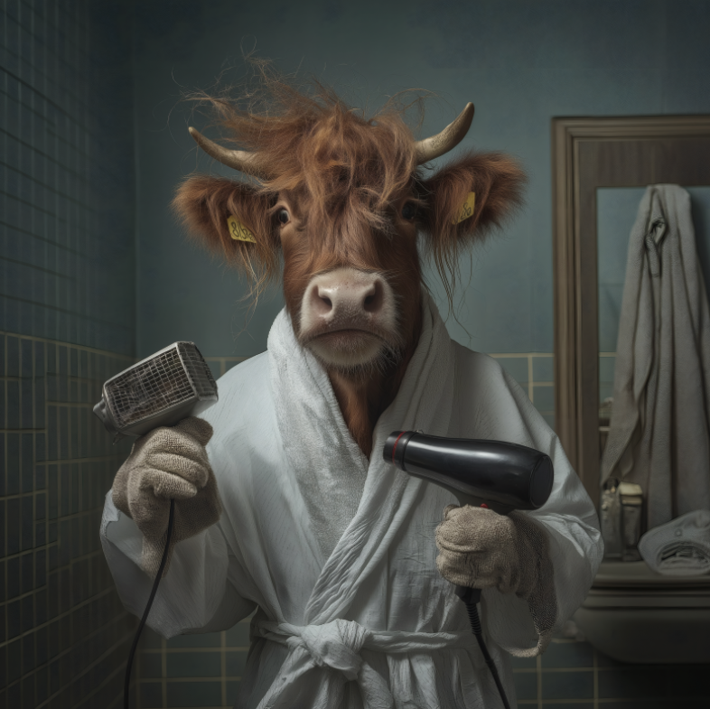 Framed Art - Highland Cow Hairdryer 40x40