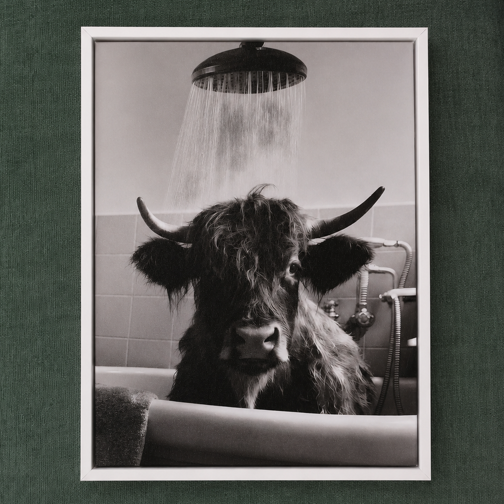 Framed Art - Highland Cow In Shower 40x30