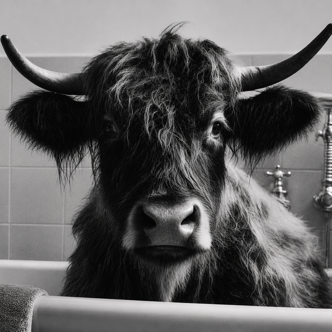 Framed Art - Highland Cow In Shower 40x30