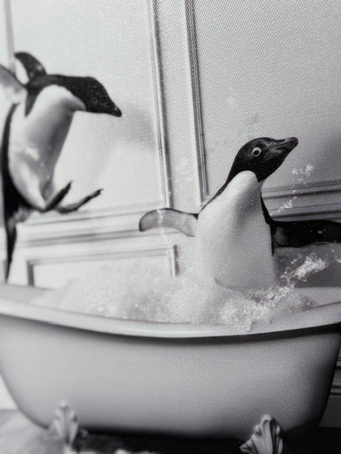 Framed Bath Time Penguins 30cm x 30cm