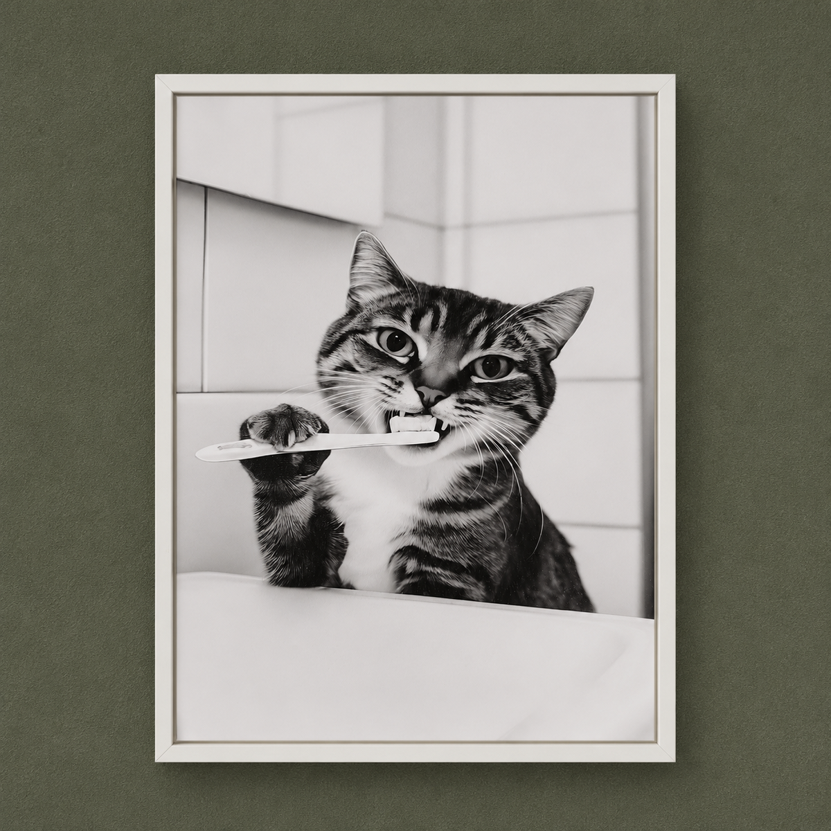 Framed Art - Kitten Brushing Teeth 30x40