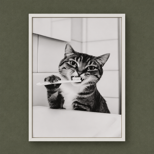 Framed Art - Kitten Brushing Teeth 30x40
