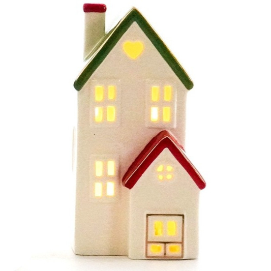 Ceramic Light Up House - White, Green & Red