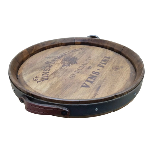 Round Barrel Tray - Wood with Leather Handle
