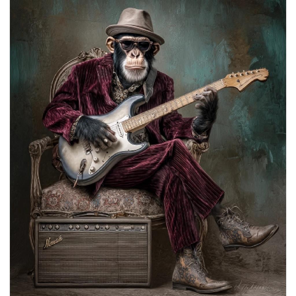Framed Wall Art - Chimp with Guitar 80cm x 80cm