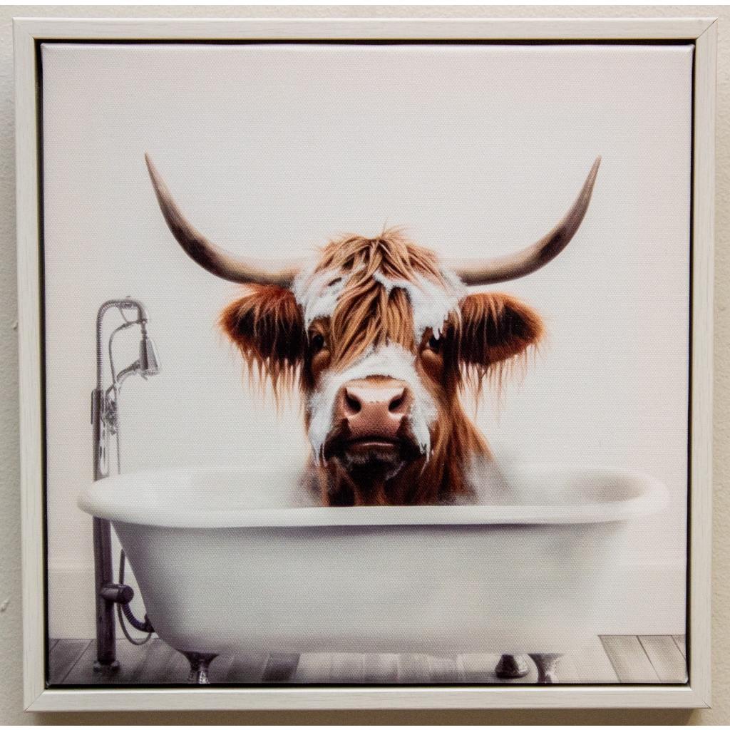 Framed Bath Time Highland Cow 30cm x 30cm