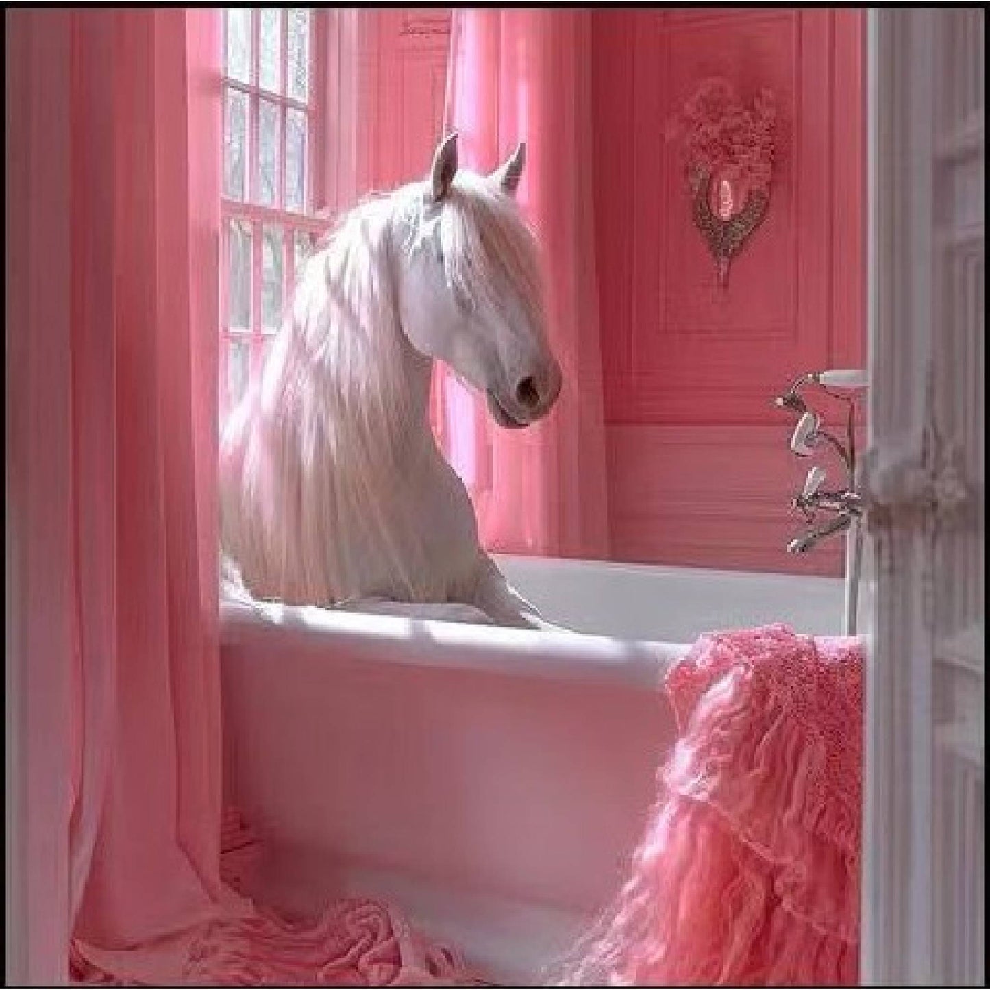 Framed Wall Art - Pink Horse In Bath 60cm x 60cm