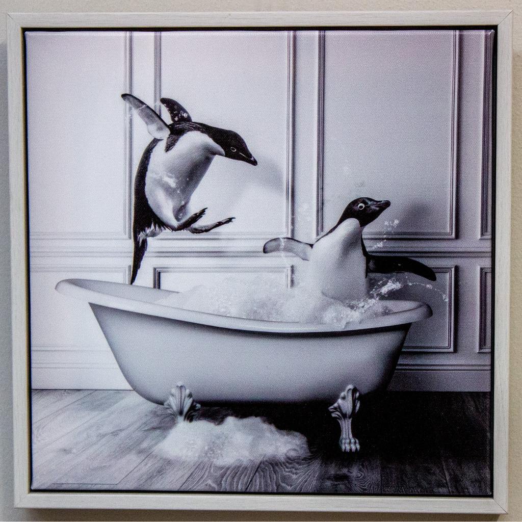 Framed Bath Time Penguins 30cm x 30cm