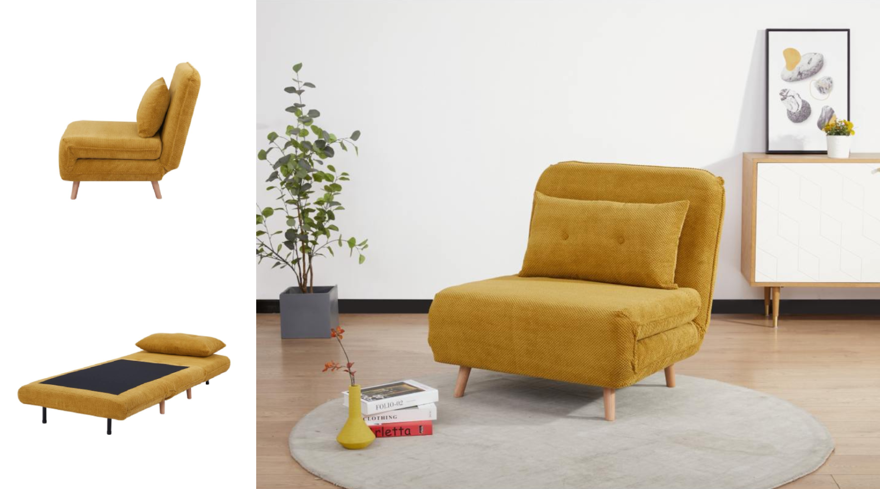 Yellow armchair in a room with a plant and a cabinet.